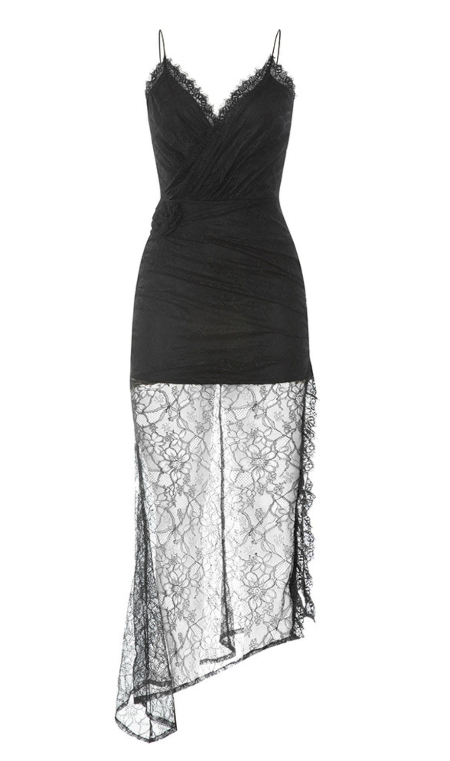 Abito midi asimmetrico con pizzo e rifiniture in nero