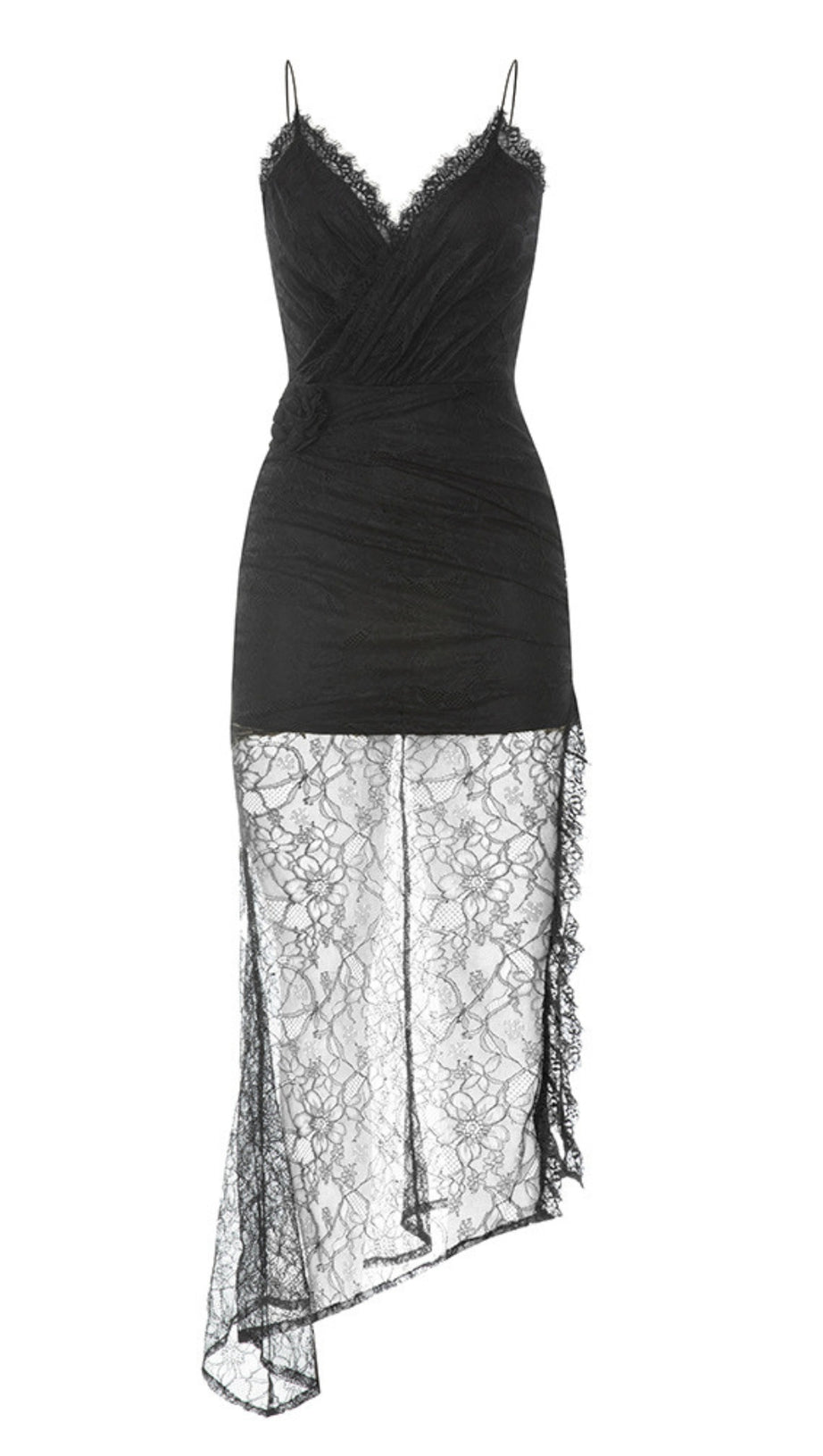 LACE - TRIMMED ASYMMETRIC SLIP MIDI DRESS IN BLACK