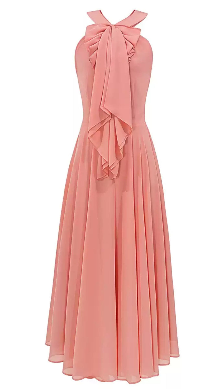 ELEGANT CORAL HALTER MAXI DRESS WITH BOW DETAIL