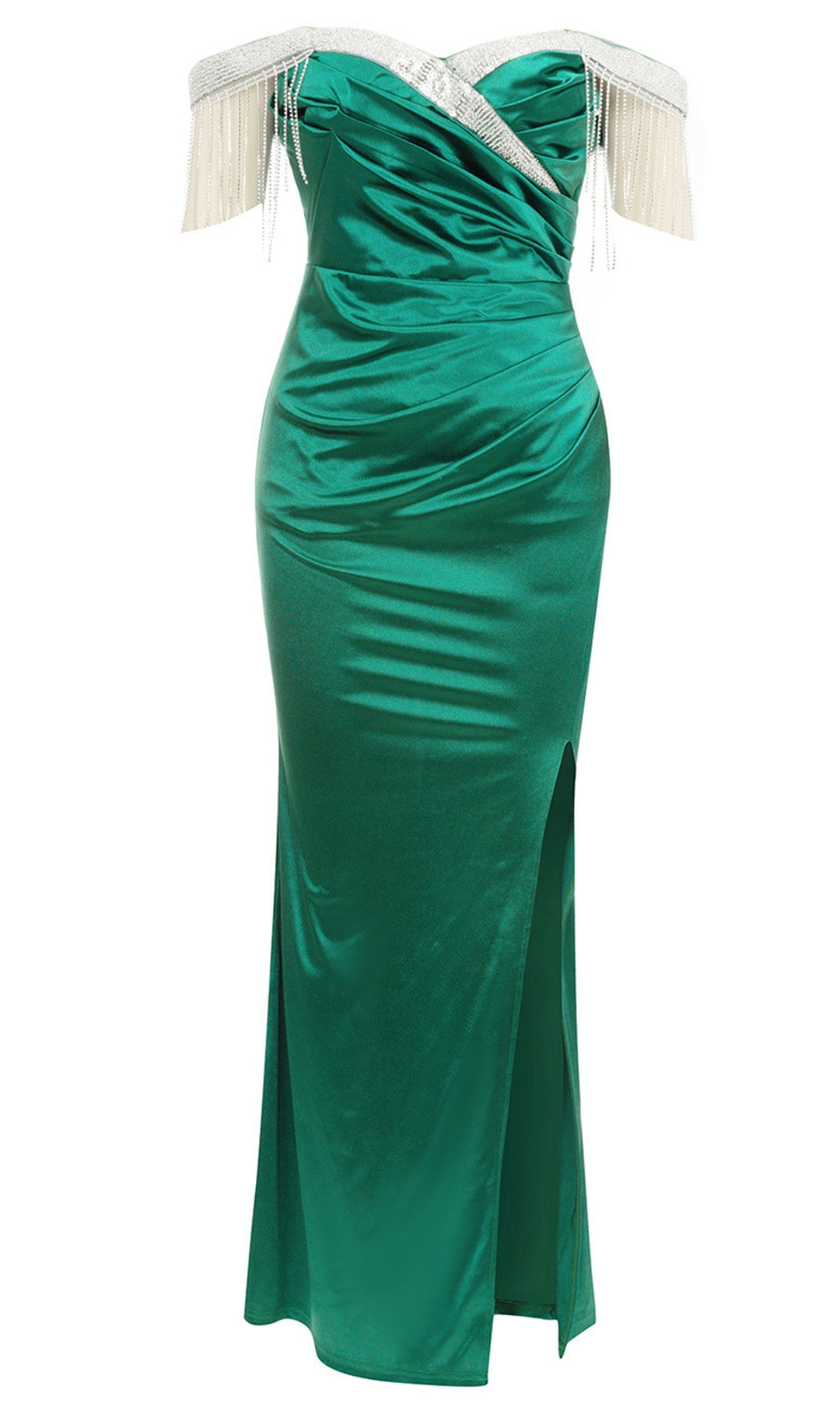 Satin Off - Shoulder Fringe - Trim Slit Maxi Dress in Green