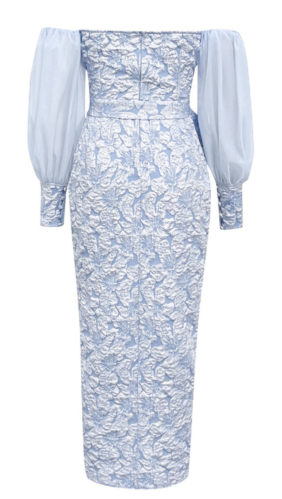 Schulterfreies Midikleid aus geblümtem Brokat mit Gürtel in Hellblau