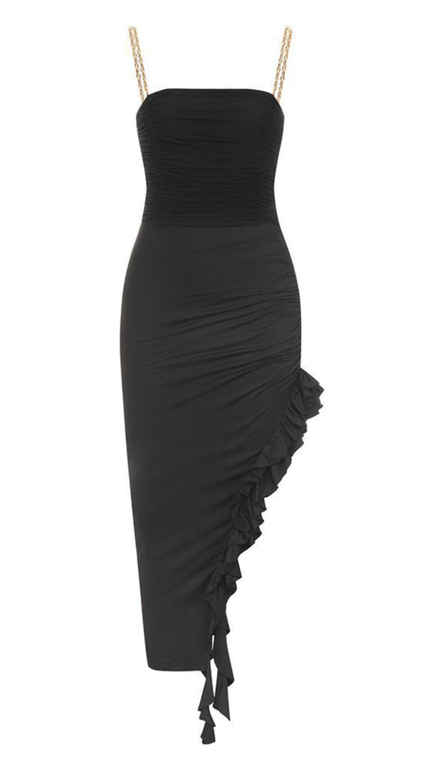 AIIZIE CHAIN - STRAP RUCHED RUFFLE - HEM MIDI DRESS IN BLACK - product image