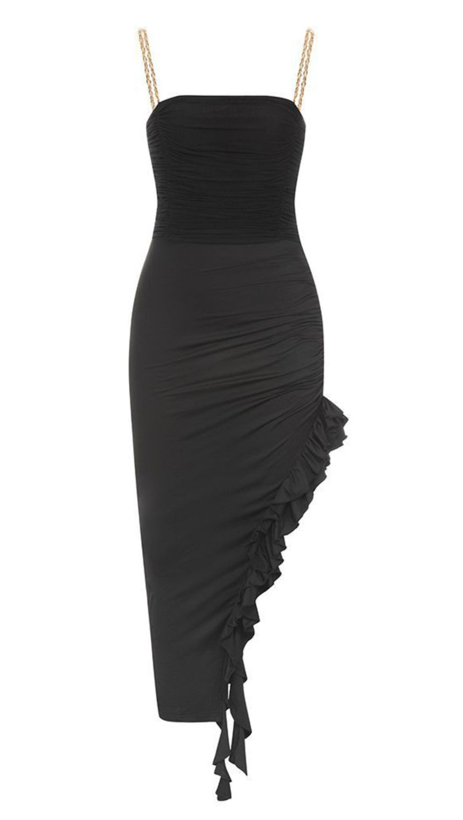 CHAIN - STRAP RUCHED RUFFLE - HEM MIDI DRESS IN BLACK