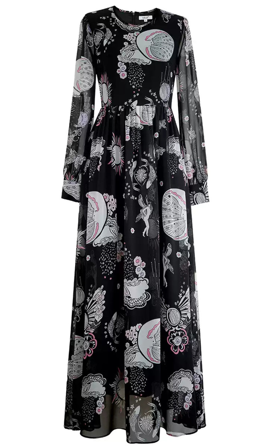 Schwarzes Maxikleid mit transparenten Ärmeln und Fantasy-Prints 