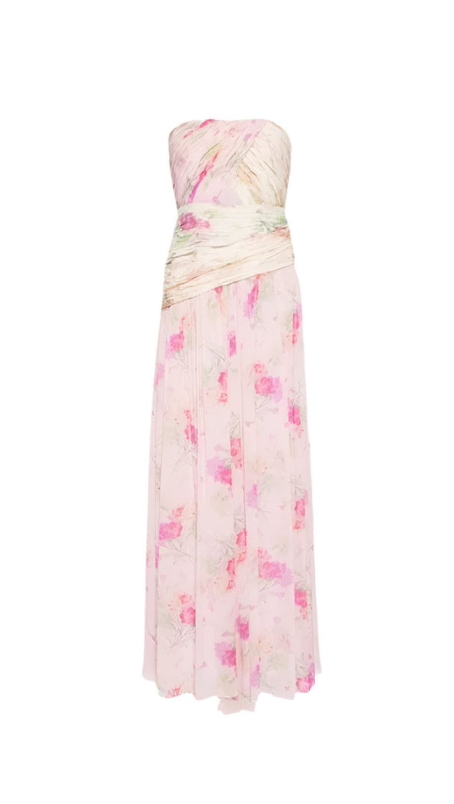 PINTIL STRAPLESS PLEATED FLORAL MAXI DRESS IN MULTI