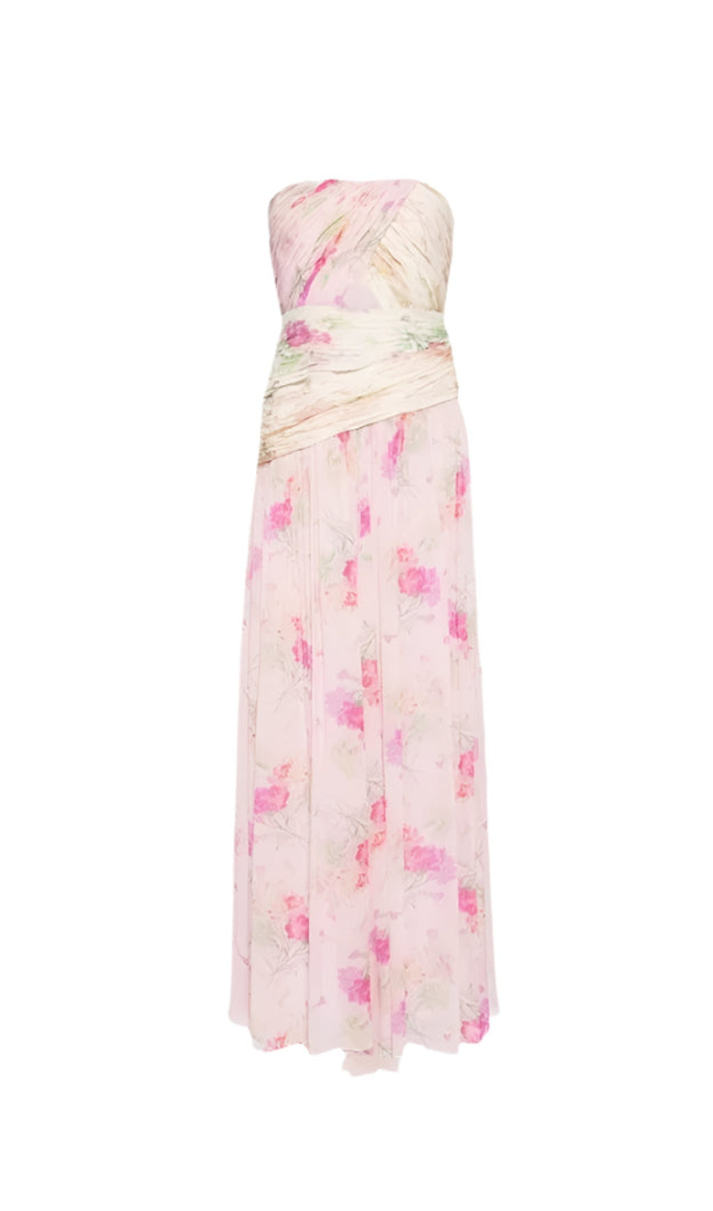 PINTIL STRAPLESS PLEATED FLORAL MAXI DRESS IN MULTI