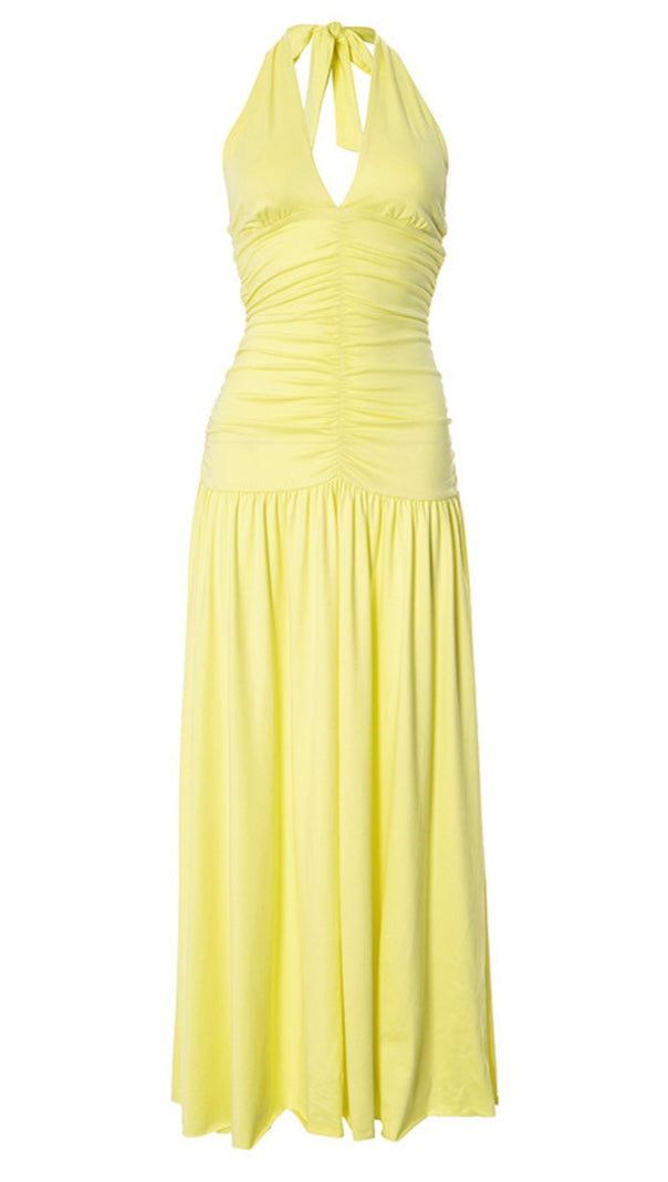 AIIZIE HALTER NECK RUCHED MAXI DRESS IN YELLOW - product image