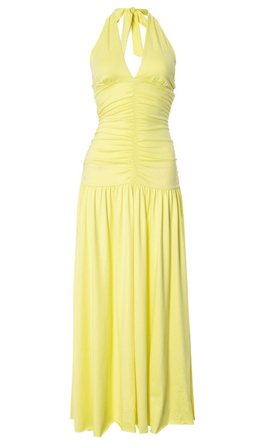 Halter Neck Ruched Maxi Dress in Yellow