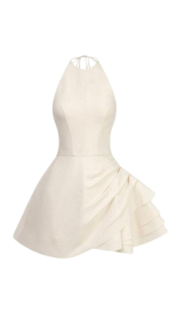 AIIZIE ELSA PLEATED BACKLESS HALTER MINI DRESS IN BEIGE - product image