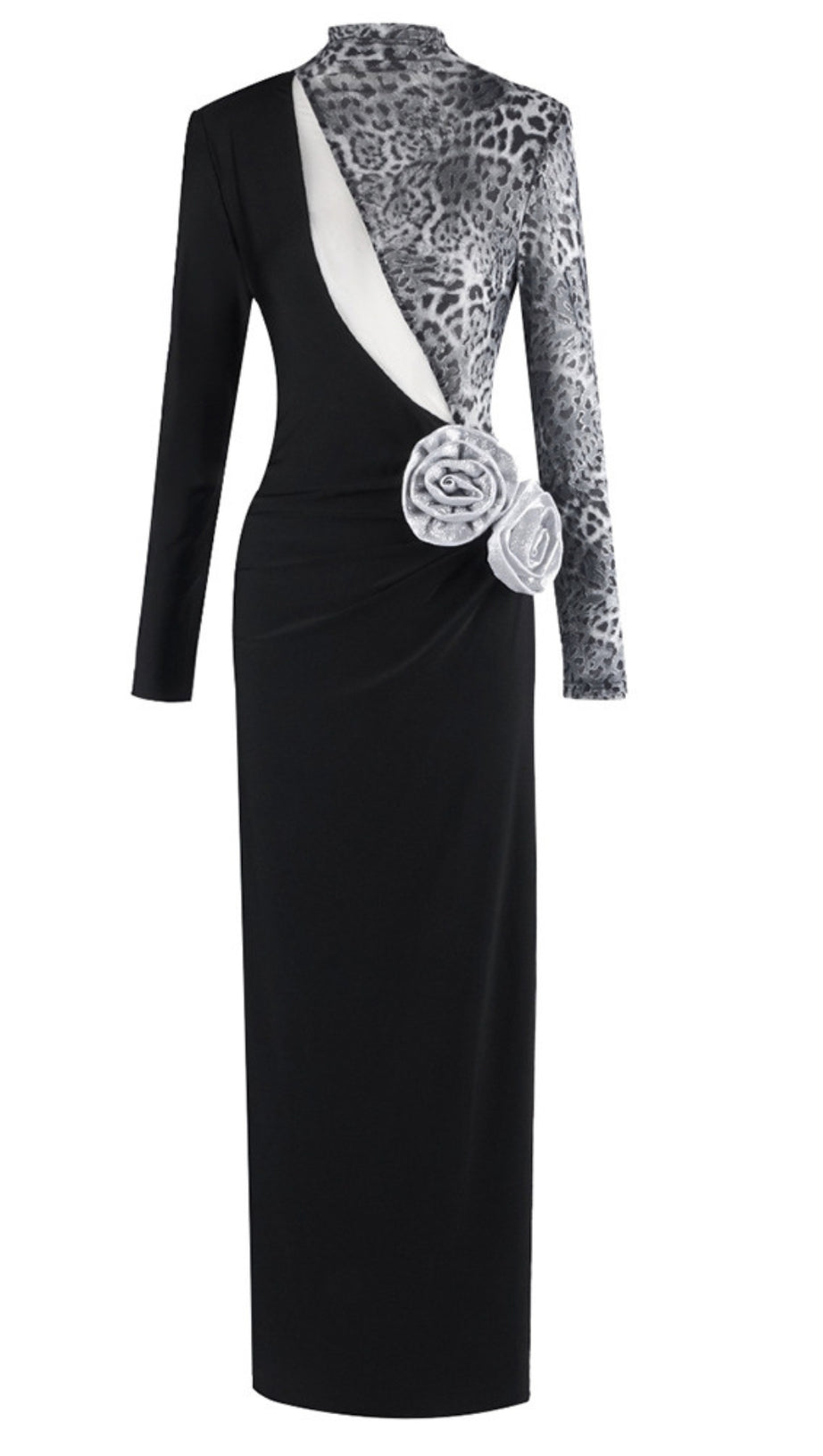 LEOPARD PRINT FLORAL ACCENT MAXI DRESS IN BLACK