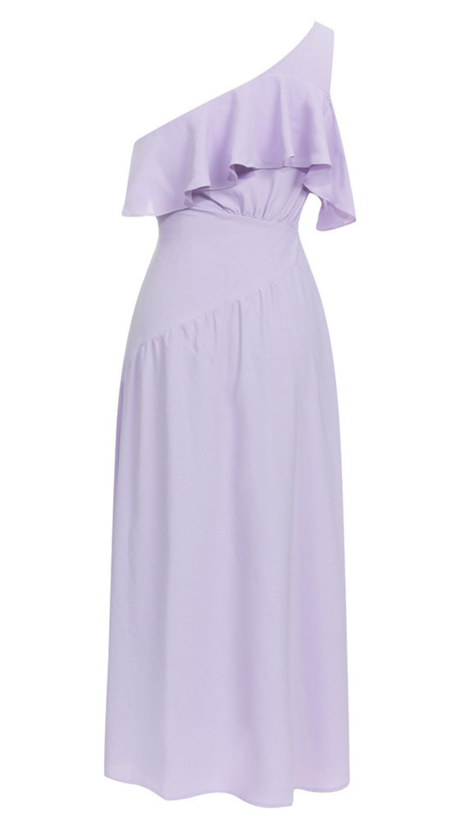 ONE - SHOULDER RUFFLED MIDI DRESS IN LAVENDER