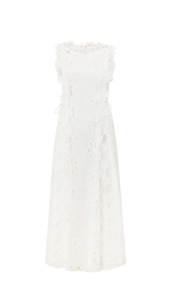 AIIZIE LACE TRIM EMBROIDERY HOLLOW MIDI DRESS IN WHITE - product image