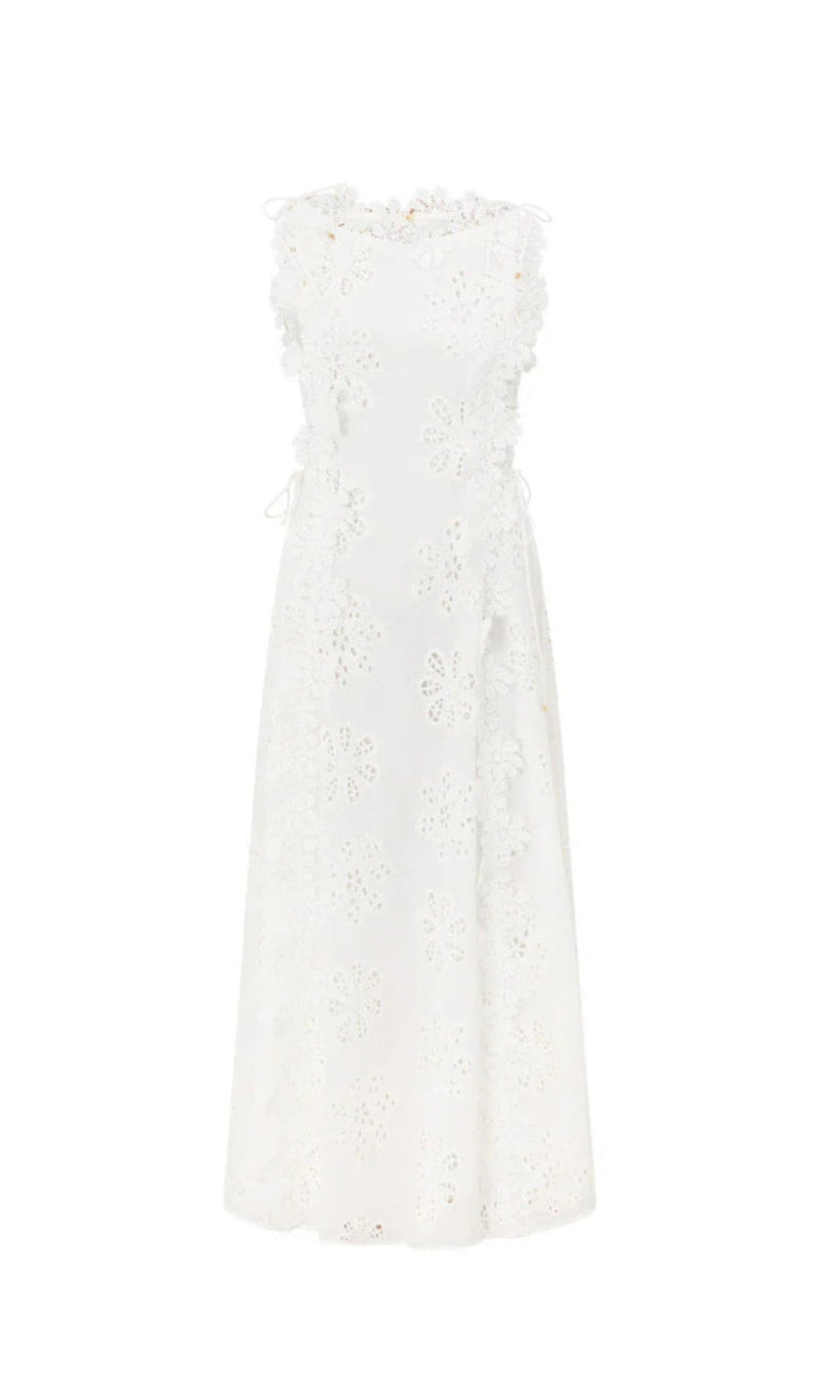 lace trim embroidery hollow midi dress in white