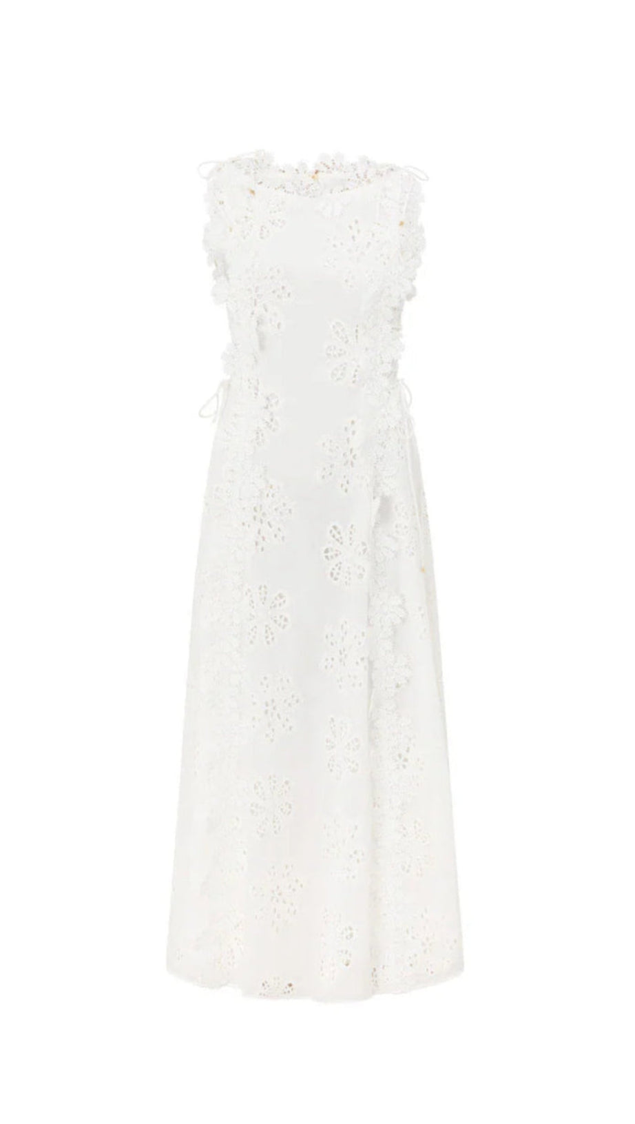 LACE TRIM EMBROIDERY HOLLOW MIDI DRESS IN WHITE