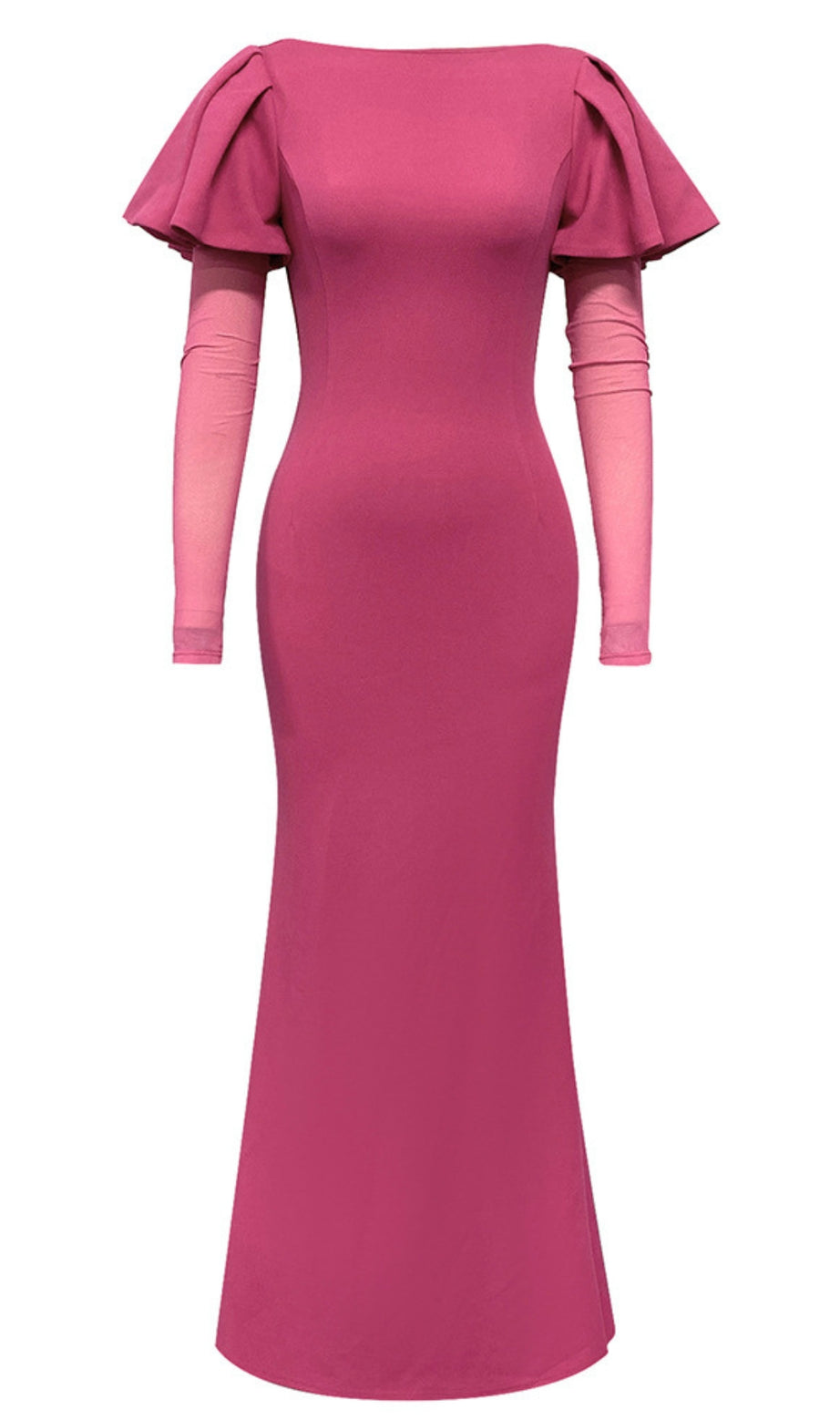 Meerjungfrau-Maxikleid mit gerüschten Ärmeln und Netzeinsatz in Pink