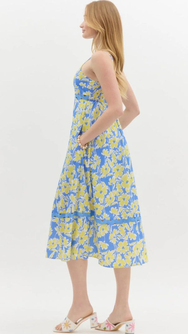 AIIZIE WALLIS FLORAL PRINT HOLLOW MIDI DRESS IN BLUE - product image
