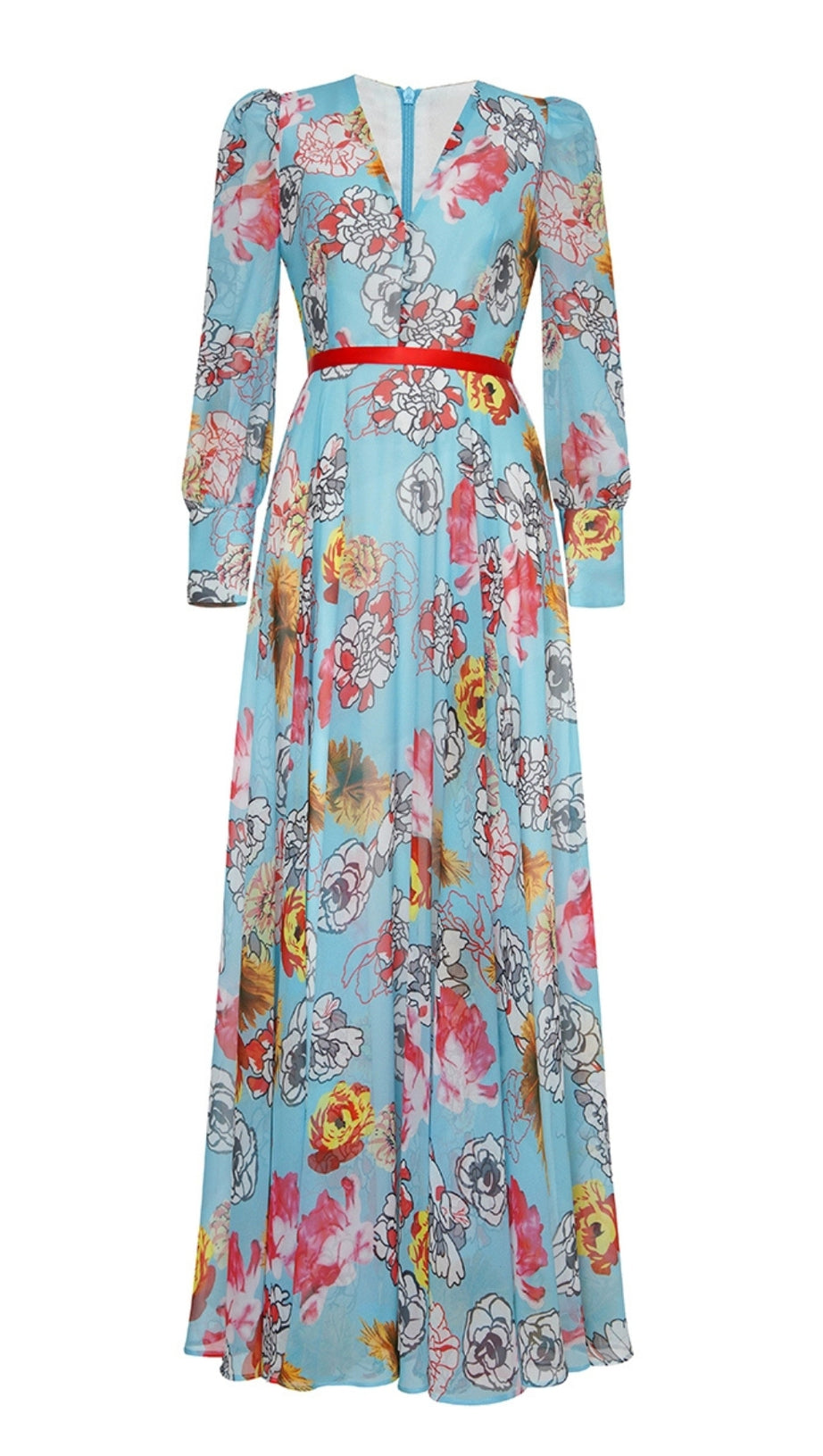 BLUE FLORAL PRINT V - NECK MAXI DRESS WITH RED BELT
