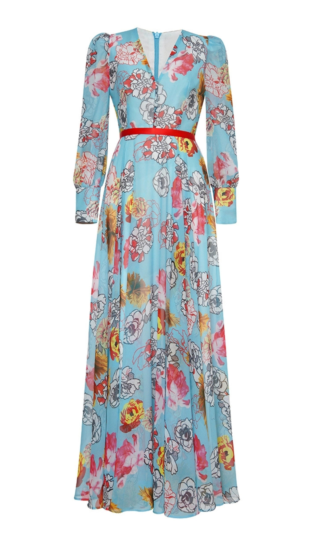 BLUE FLORAL PRINT V - NECK MAXI DRESS WITH RED BELT
