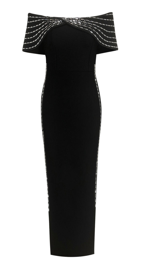 AIIZIE OFF - SHOULDER RHINESTONE - TRIMMED BODYCON MIDI DRESS IN BLACK - product image