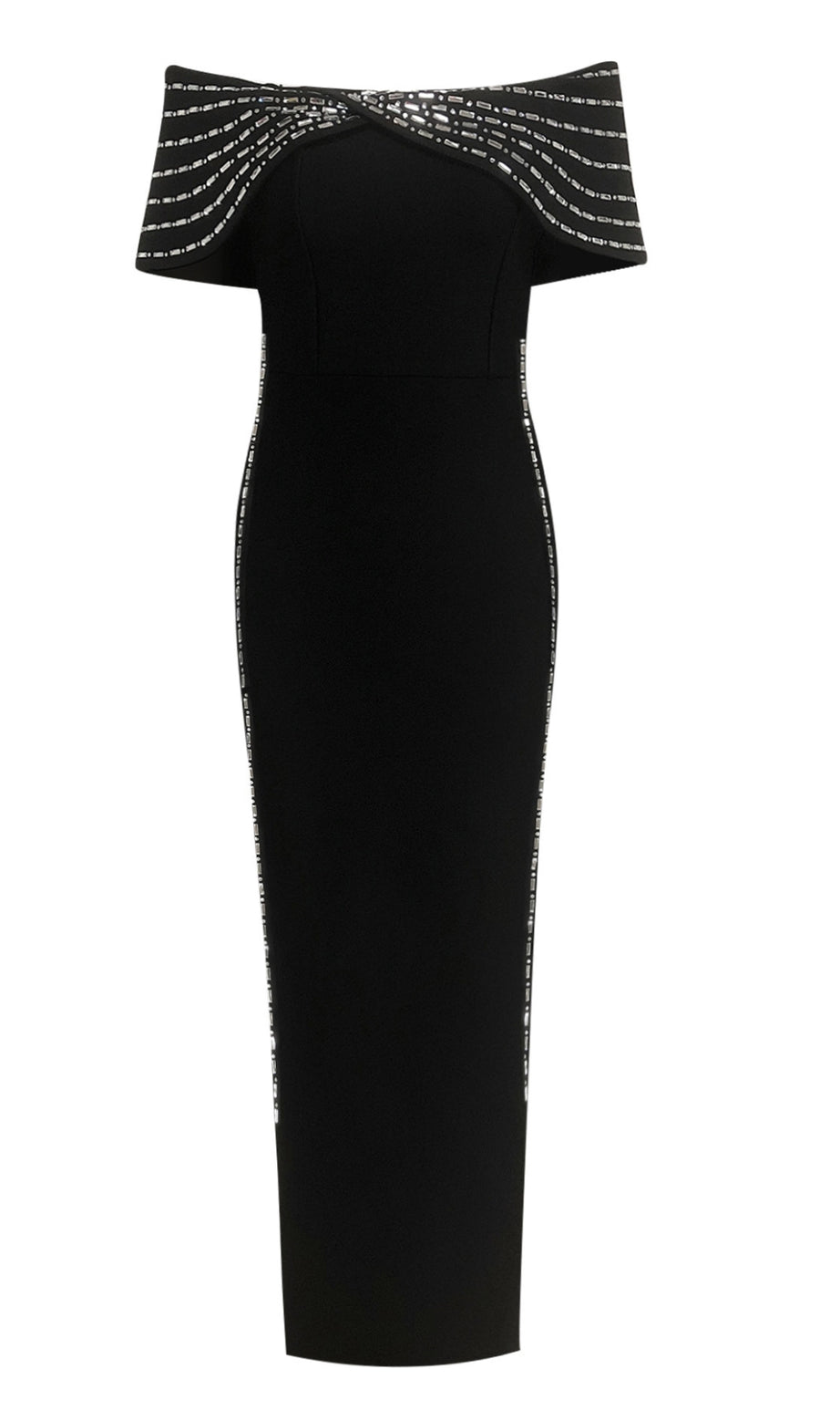 Off - Shoulder Rhinestone - Trimmed Bodycon Midi Dress in Black