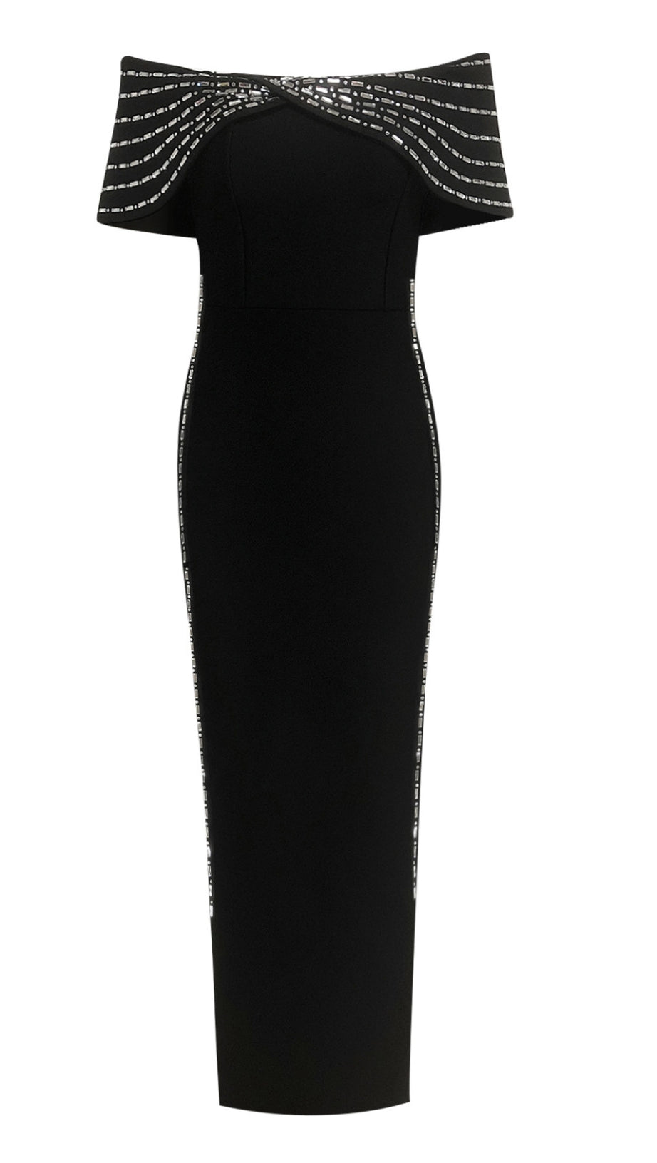 OFF - SHOULDER RHINESTONE - TRIMMED BODYCON MIDI DRESS IN BLACK