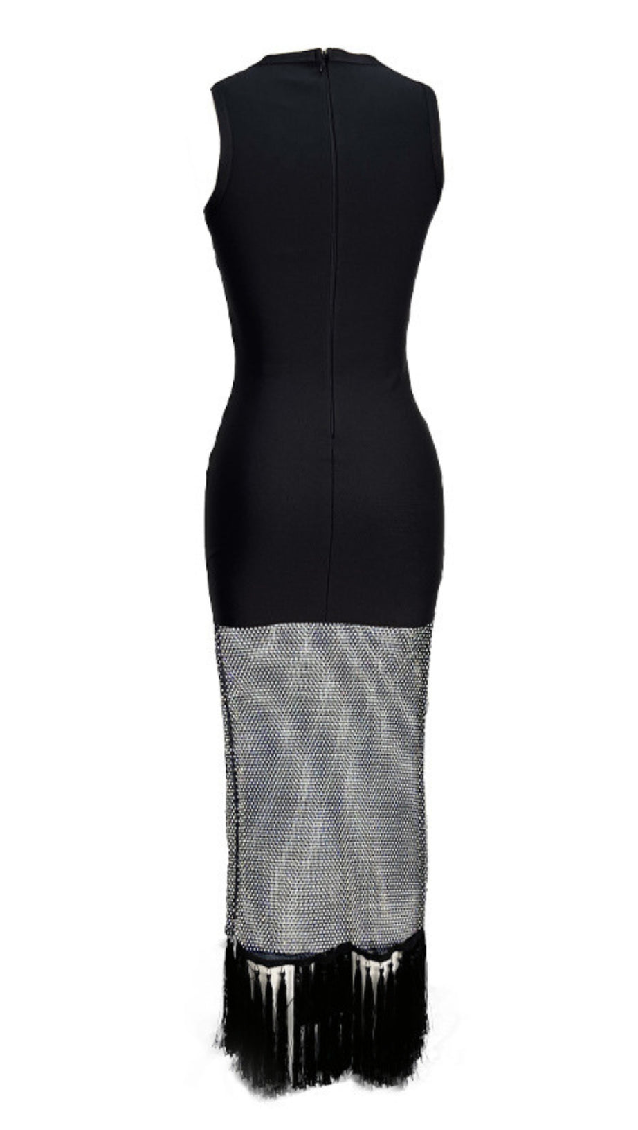 Ärmelloses Midikleid mit Netzfransen in Schwarz