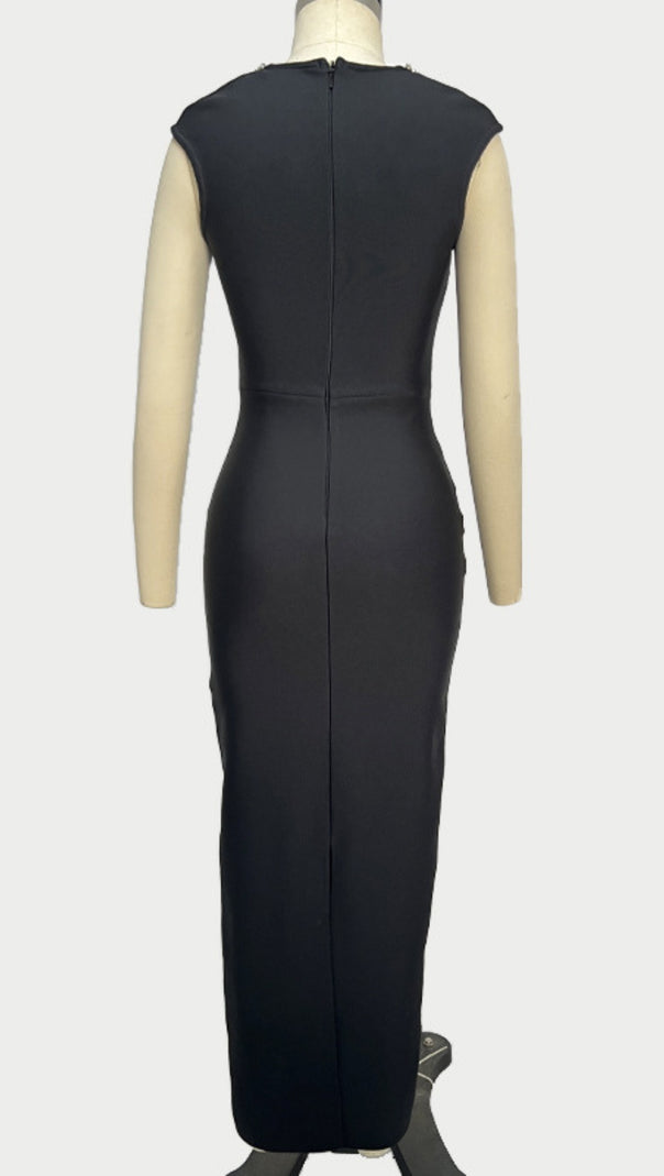 AIIZIE SQUARE NECK PINK RHINESTONE EMBELLISHED MIDI DRESS IN BLACK - product image