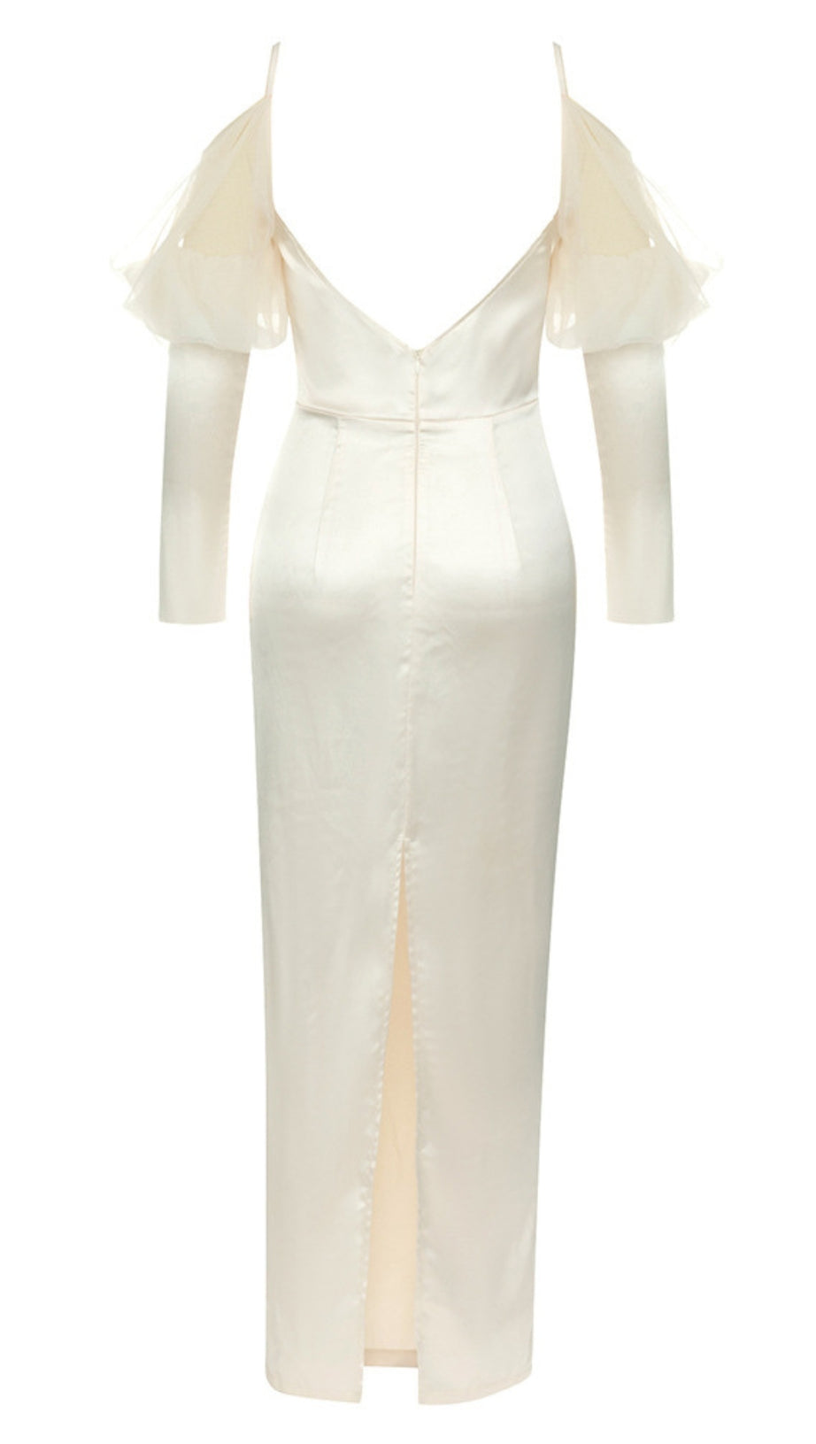 SATIN OFF - SHOULDER TULLE - SLEEVE MAXI DRESS IN IVORY