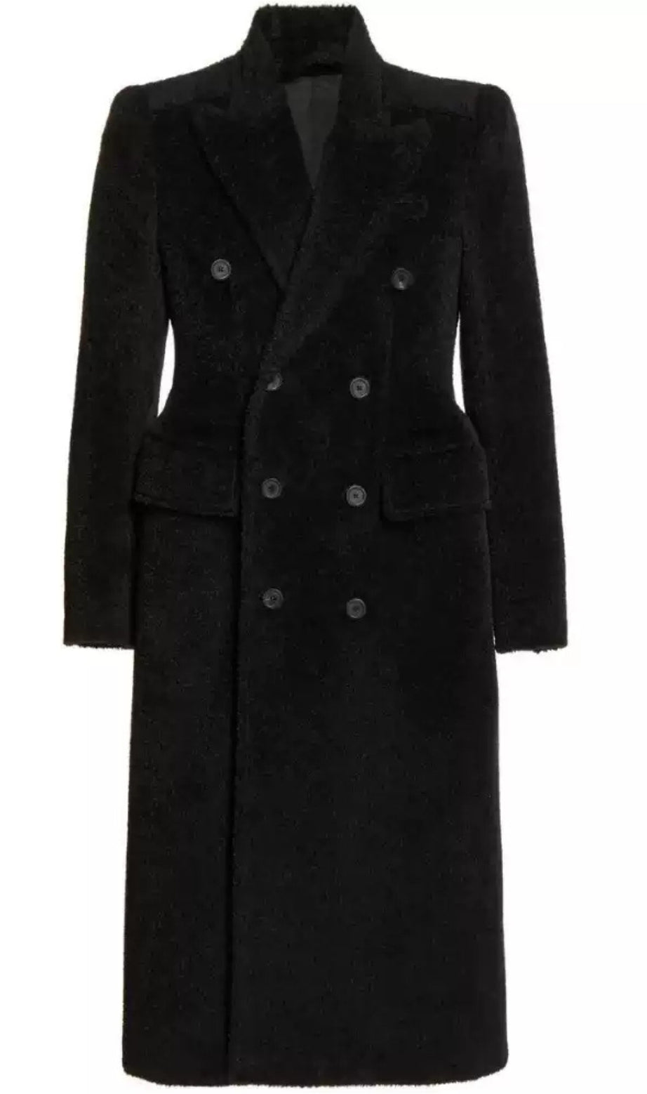 Black Textured Long Coat with Double - Breasted Design