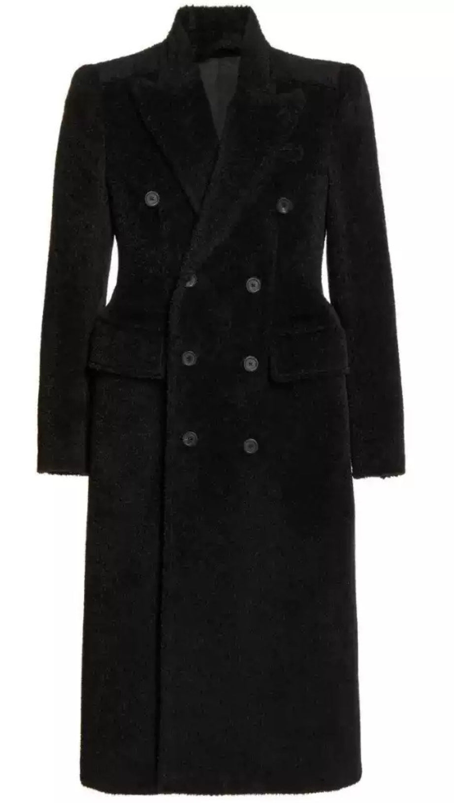 BLACK TEXTURED LONG COAT WITH DOUBLE - BREASTED DESIGN