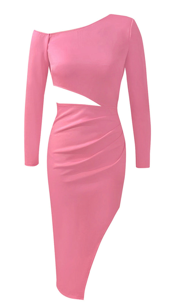 AIIZIE ONE - SHOULDER CUT - OUT RUCHED ASYMMETRIC MIDI DRESS IN PINK - product image