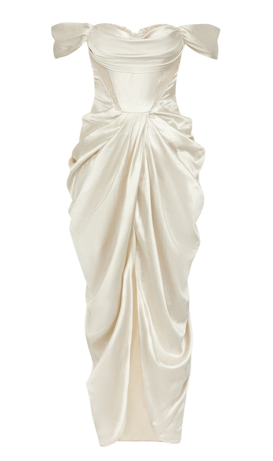 Off - Shoulder Bow - Strap Ruched Satin Midi Dress in Ivory