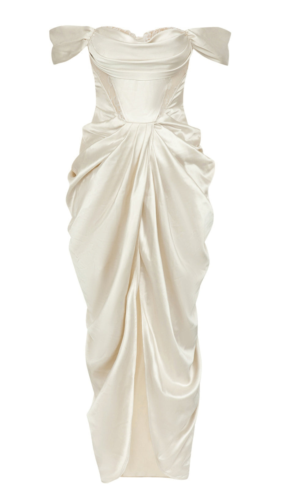 Schulterfreies Midikleid aus Satin mit Schleife und gerüschten Trägern in Elfenbein