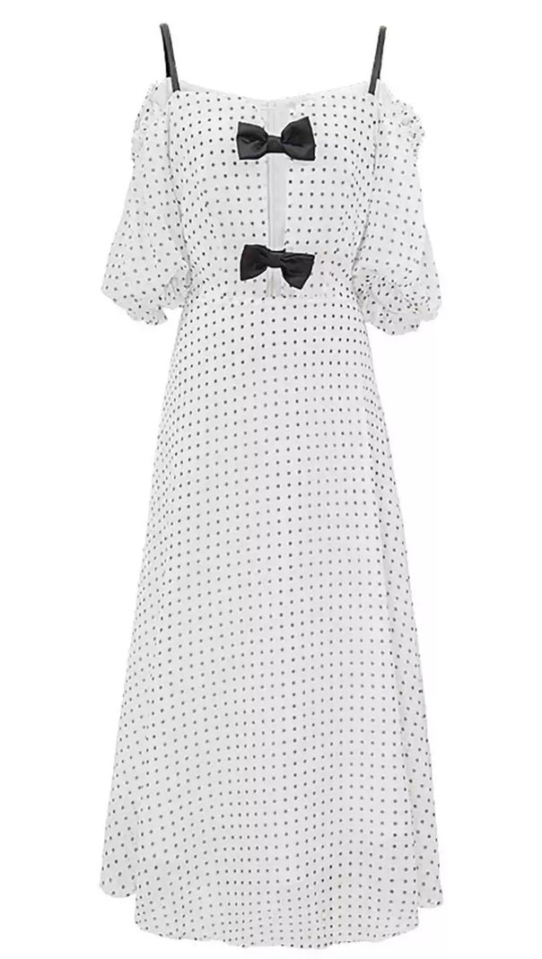 AIIZIE ELEGANT POLKA DOT OFF - SHOULDER MIDI DRESS WITH BOW DETAILS - product image