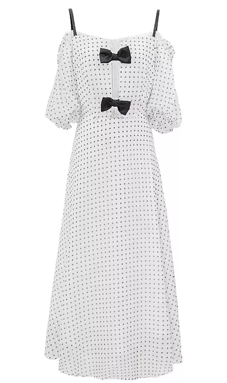 Elegant Polka Dot Off - Shoulder Midi Dress with Bow Details