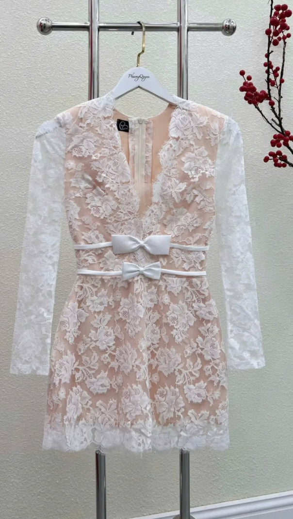 AIIZIE FLOWER LACE LONG SLEEVE MINI DRESS IN WHITE - product image