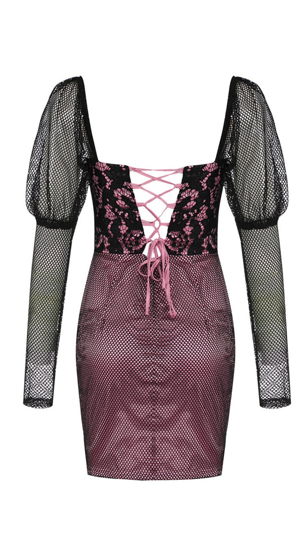 AIIZIE MESH - SLEEVE LACE - TOP ASYMMETRIC MINI DRESS IN PINK - product image