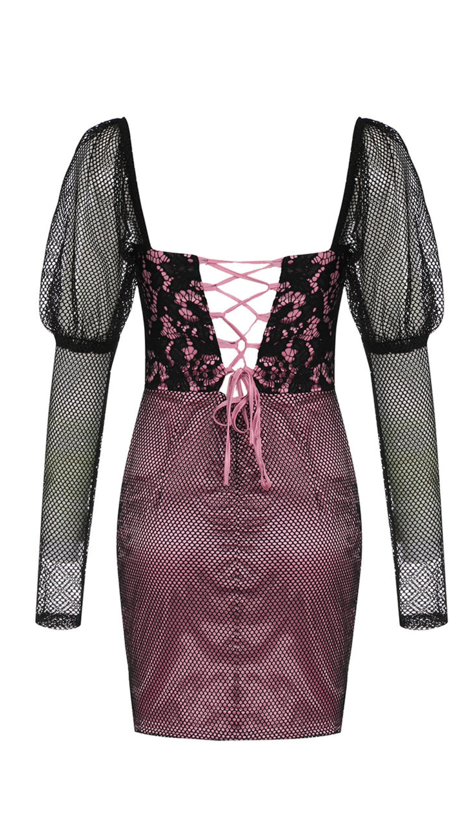 MESH - SLEEVE LACE - TOP ASYMMETRIC MINI DRESS IN PINK