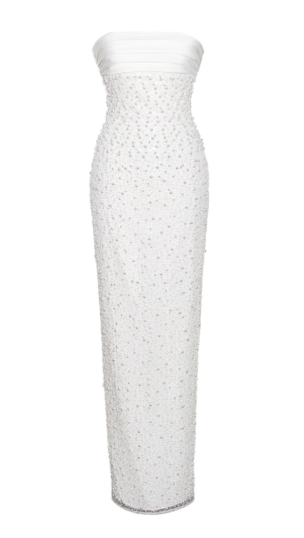 LAINEY WHITE SATIN SEQUIN PEARLS BEADED MAXI DRESS