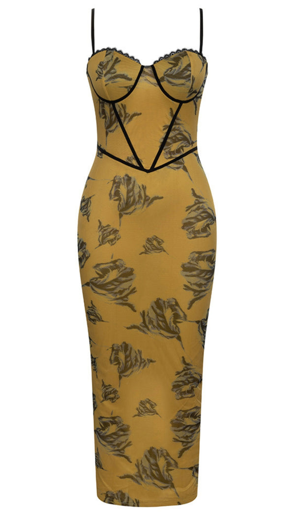 AIIZIE FLORAL PRINT CORSET - STYLE MIDI DRESS IN BROWN - product image