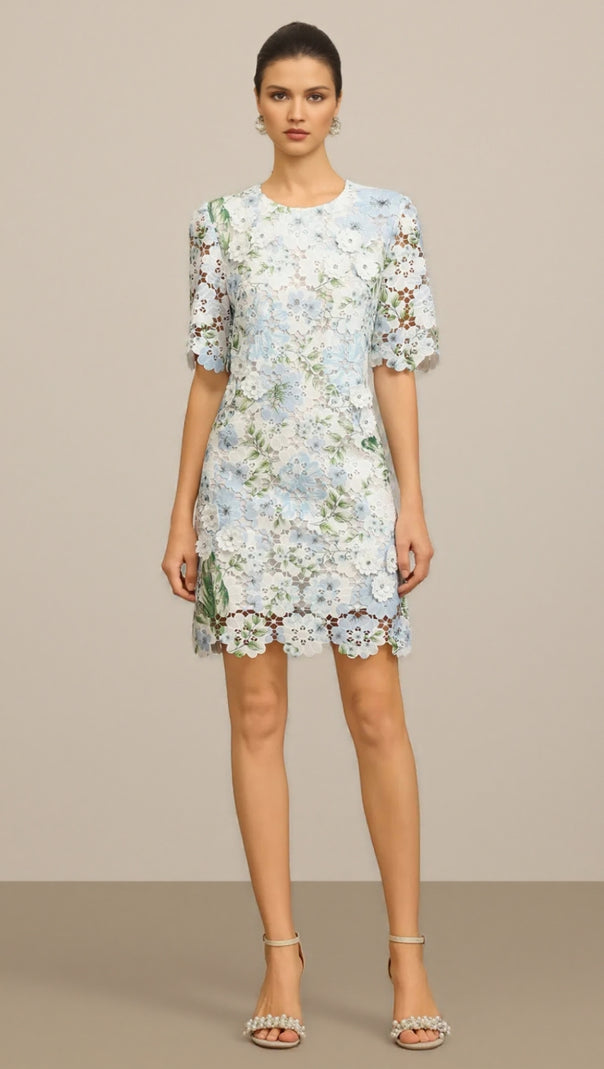 AIIZIE HAZEL FLORAL PRINTED LACE MINI DRESS IN SKY BLUE - product image
