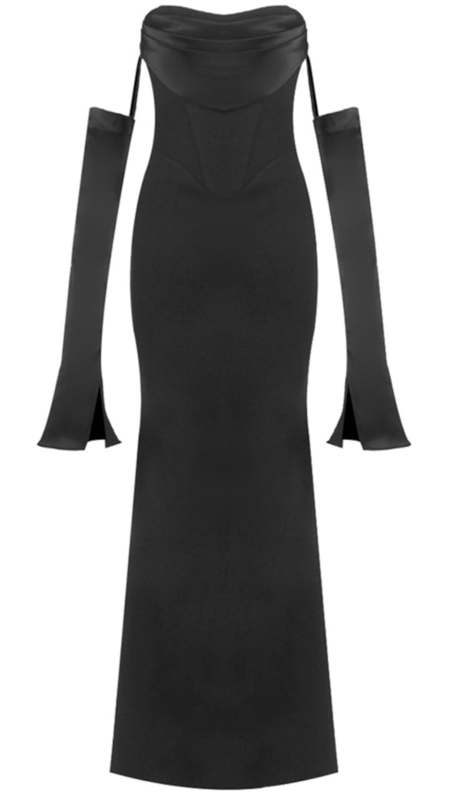 LONG SLEEVE STRAPLESS DRAPED MAXI DRESS BLACK