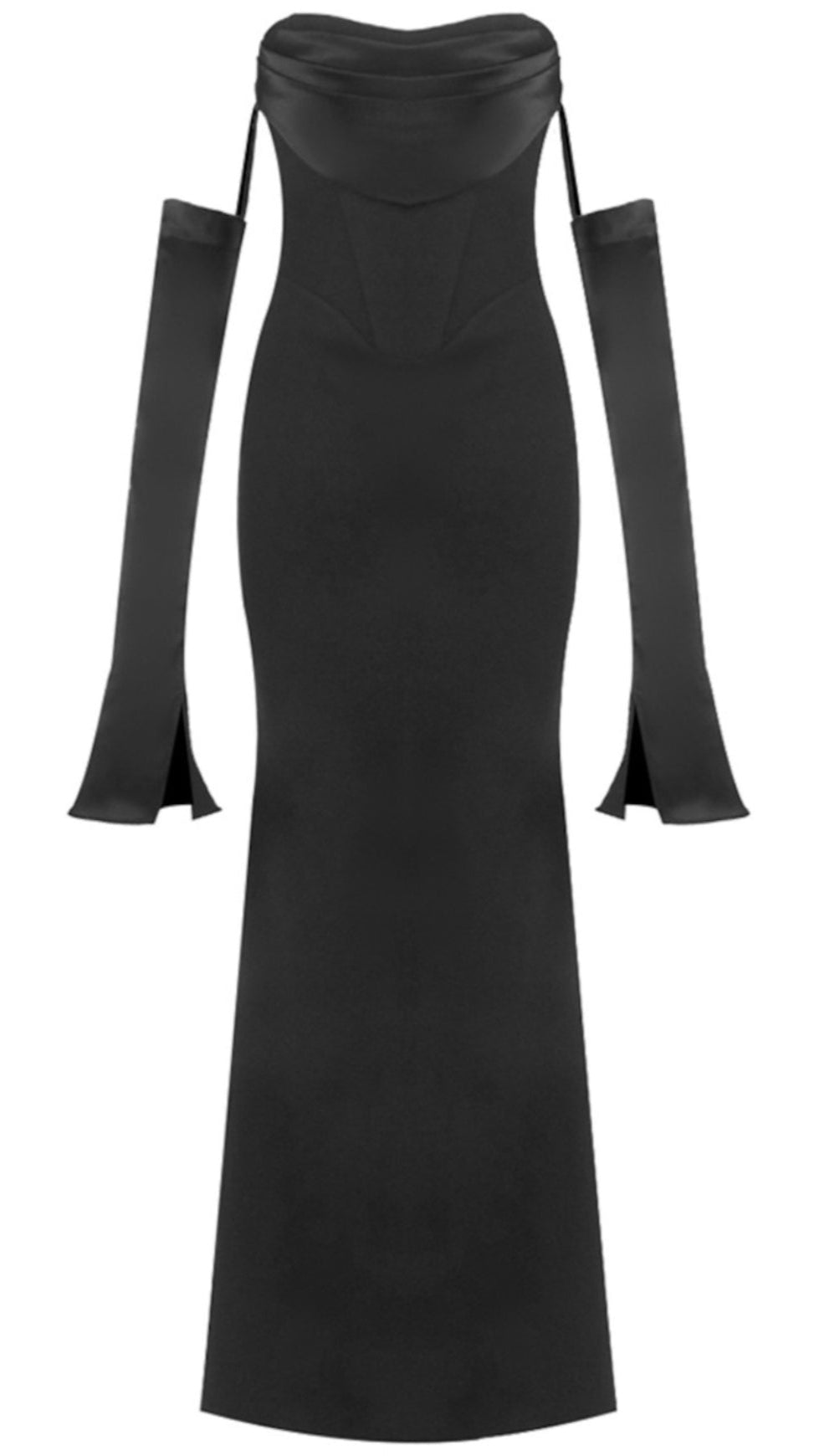 LONG SLEEVE STRAPLESS DRAPED MAXI DRESS BLACK
