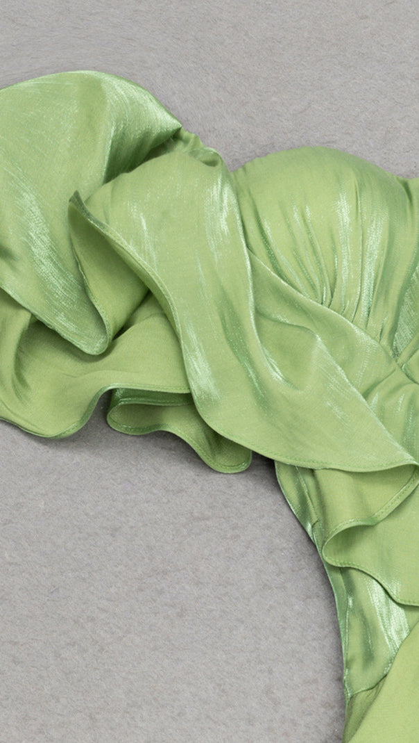 AIIZIE ONE - SHOULDER RUFFLE - DETAIL SATIN MIDI DRESS IN GREEN - product image