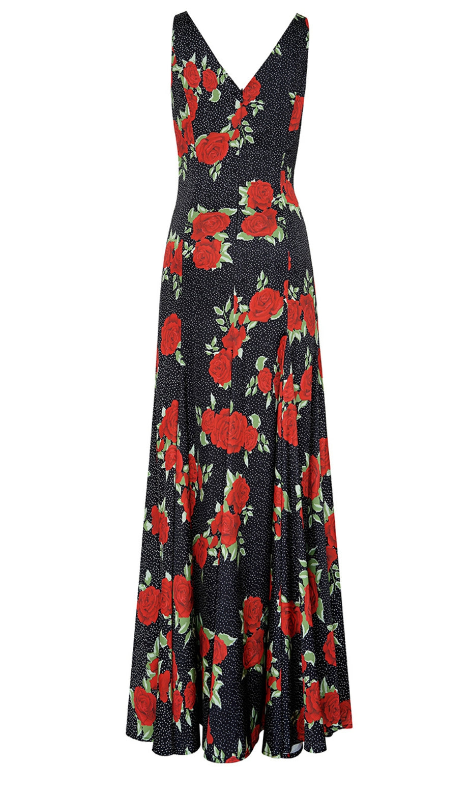 Abito lungo nero con stampe di rose rosse e scollo a V 