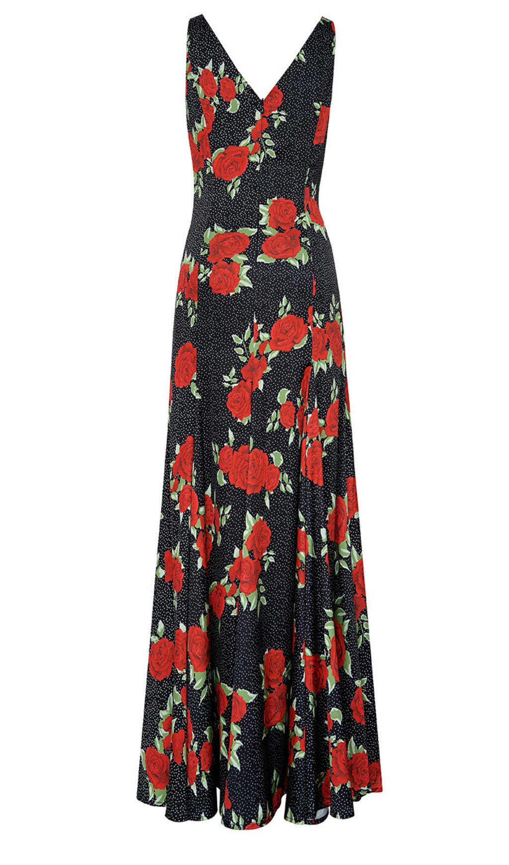 BLACK MAXI DRESS WITH RED ROSE PRINTS AND V - NECK