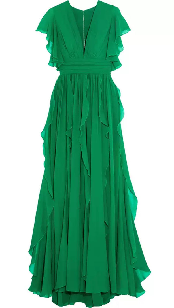 AIIZIE GREEN V - NECK RUFFLED MAXI DRESS - product image