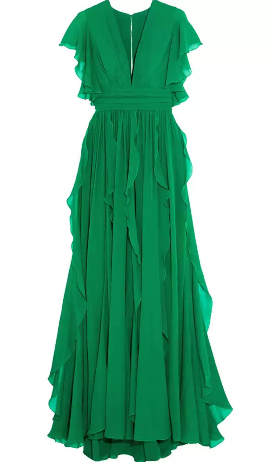 Grünes Maxikleid mit V-Ausschnitt und Rüschen 