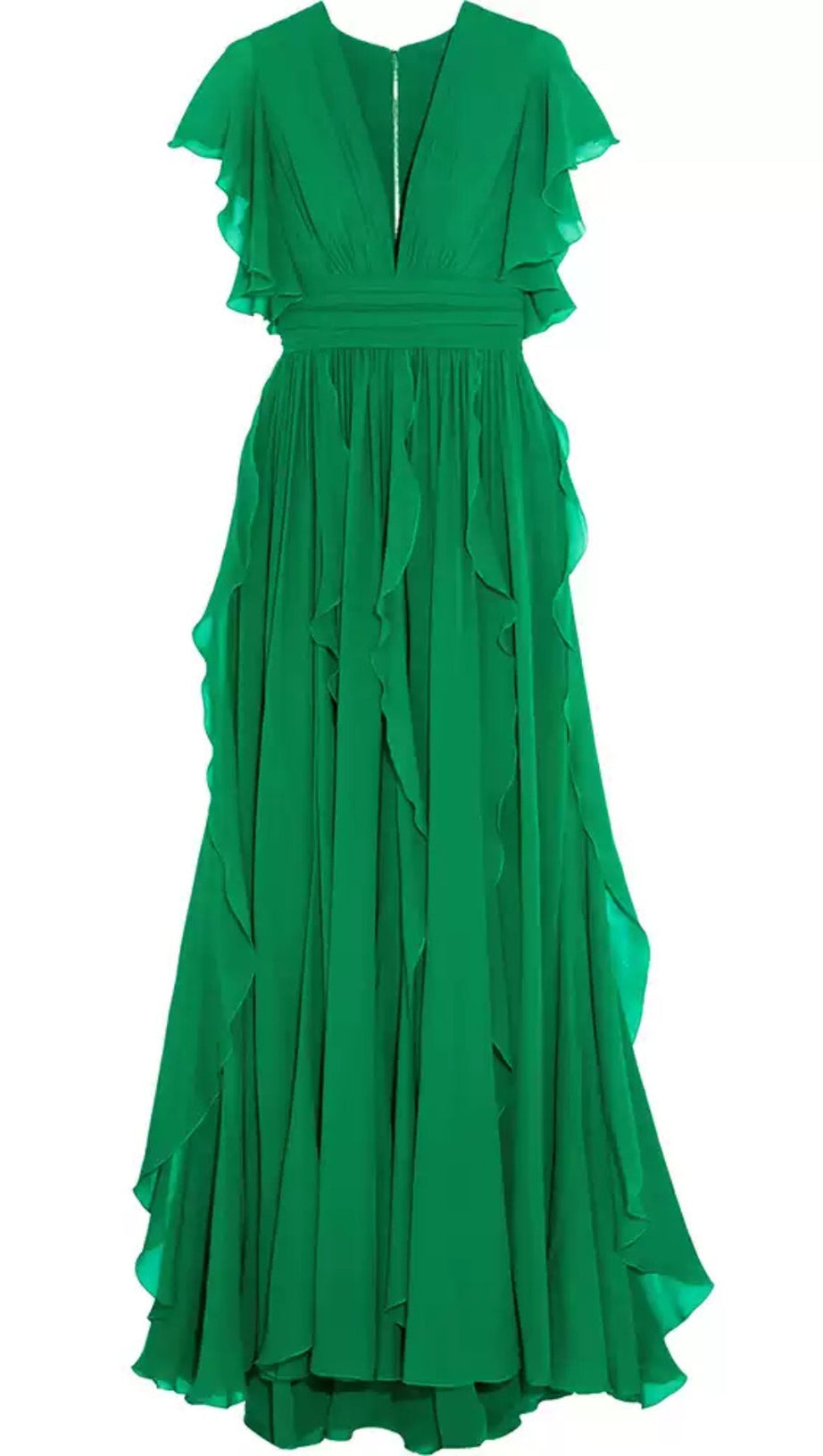 GREEN V - NECK RUFFLED MAXI DRESS