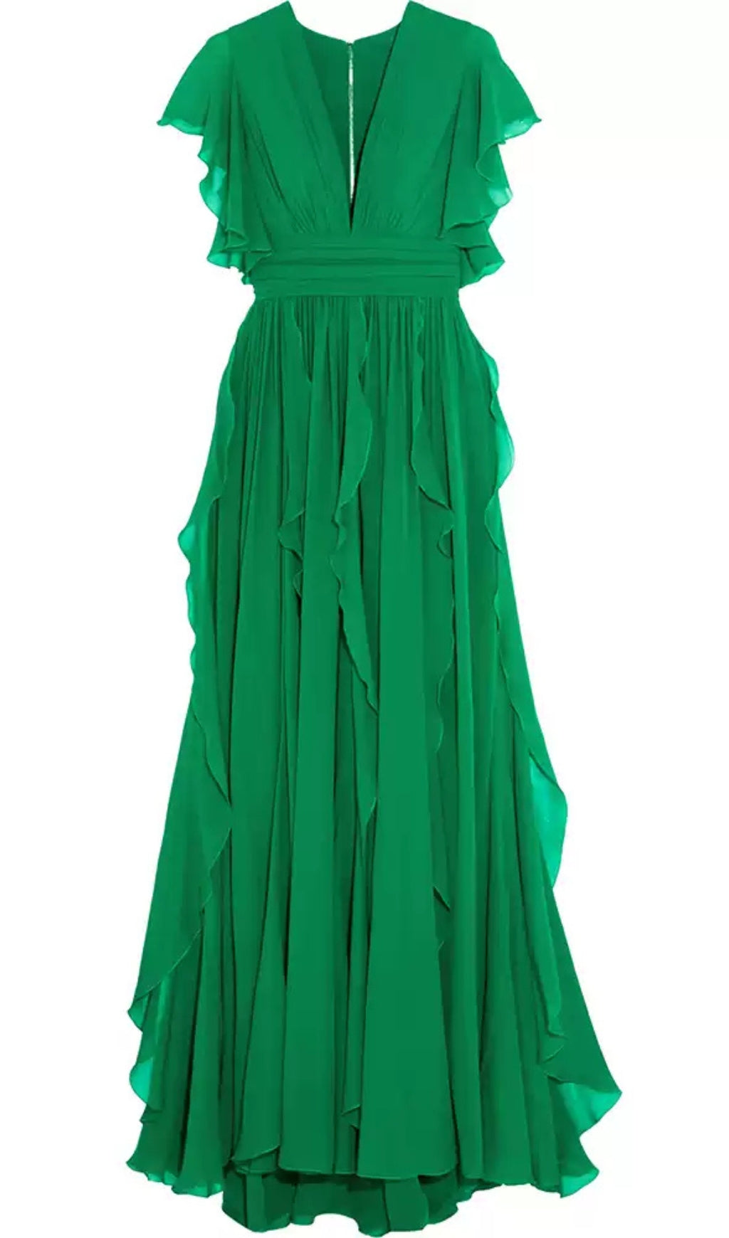 GREEN V - NECK RUFFLED MAXI DRESS